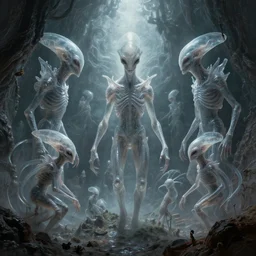 hellish translucent alien creatures on an alien world, artstyle zdzisaw beksinski, very intricate details, high resolution, 4 k
