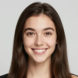 a beautiful girl from minnesota, brunette, joyfully smiling at the camera opening her brown eyes. thinner face, irish genes, dark chocolate hair colour, wearing university of minneapolis coat, perfect nose, morning hour, plane light, portrait, minneapolis as background. healthy, athletic, in her early 2 9