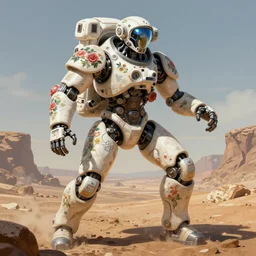 a warrior robot astronaut, floral! looks like a machine from horizon zero dawn designed by apple, in socotra island, posing for a fight, intricate, elegant, highly detailed, digital painting, establishing shot, an epic fantasy, artstation, concept art, smooth, sharp focus, illustration, art by artgerm and greg rutkowski and alphonse mucha, 8 k