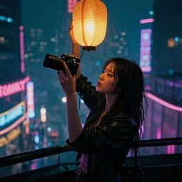 cyberpunk city at night, night clubs and neons, rain, camera high, girl under lantern