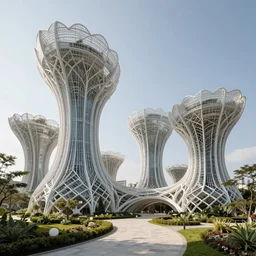 biophilic architecture, utopian structures, hyper real, photographic, bright
