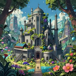 a beautiful very detailed anime illustration of prison nature urbex architecture by thomas kinkade, laser retro wilderness at spring elysian sea flowers futuristic nature forest myst assassin's creed matte painting, archdaily, wallpaper, highly detailed, trending on artstation.
