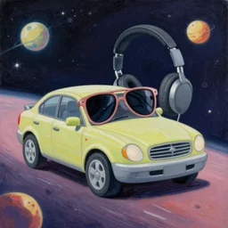 ! dream a car with sunglasses and headphones in space, painting