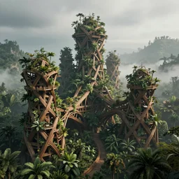 a city of interlocking and weaving wooden structure towers intertwined and interconnected with a jungle rainforest, misty atmosphere hyper realistic octane render unreal engine