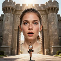 face portrait of amazed unclothed Lara Croft entering the large Minas Tirith gate, sun beams, intricate, elegant, highly detailed, centered, digital painting, artstation, concept art, bare skin, smooth, sharp focus, illustration, Allan Lee, John Howe