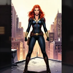 phil noto comicbook cover art, black widow marvel, symmetrical eyes, long red hair, full body, city rooftop