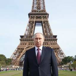 vladimir putin posing in front of the eiffel tower