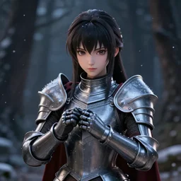 portrait focus of knight beautiful 3D anime girl, poring armor wearing, dark forest background, snowing, bokeh, inspired by Masami Kurumada, digital painting, high contrast, unreal engine render, volumetric lighting, high détail