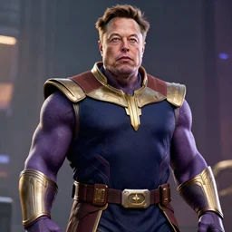 Elon Musk cast as Thanos, still from marvel movie, hyperrealistic, 8k, Octane Render,