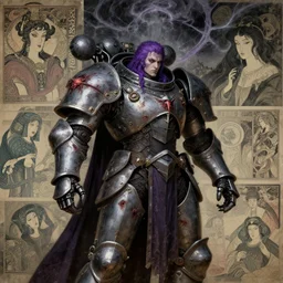 composition of gothic and futuristic, warhammer, cyber armor, more and more scars, storm, purple hair, purple, the middle ages, highly detailed, artstation, in the style of moebius, jugendstil and classic japanese print, art by jean delville and rene magritte