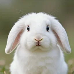 innocent-eyed fantasy creature with pure white fur coat, drooping rabbity ears, and cute little fangs