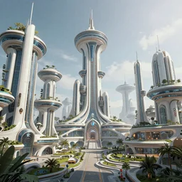 a beautiful fantasy world with futuristic buildings in the style of alyn spiller, octane render, artstation, dslr quality, highly detailed