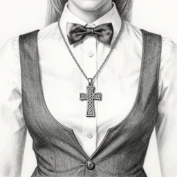 a waitress wearing a celtic cross necklace, pencil drawing