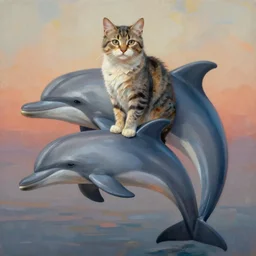 painting of hybrid between cat!!!!!!!!!! & dolphin, intercrossed animal, mixture animal, by tiffany bozic, by zdzislaw beksinski, organic, nature study, accurate anatomy, cold hue's, warm tone gradient background, concept art, beautiful composition, digital painting,