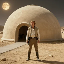 film still tatooine A new hope Luke skywalker looks at suns moisture farm dome house