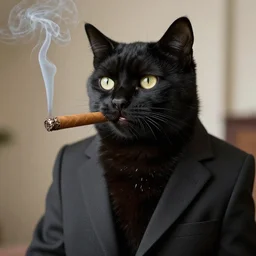 black cat smoking cigar and wearing suit.
