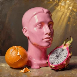 still life painting of a melting glossy pink mannequin head, by pieter claesz, oil on canvas, strong lighting, highly detailed, peeled orange, dragon fruit, hyper realism, golden hour, god rays, hd, 4 k