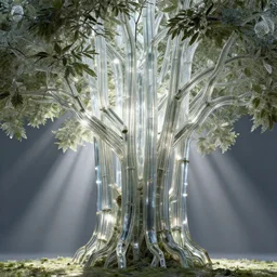 glass banyan tree with many trunks, DSLR, 3-Dimensional, Backlight, Rays of Shimmering Light, insanely detailed and intricate, hypermaximalist, elegant, ornate, hyper realistic, super detailed