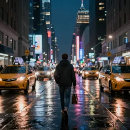 « a man walking in a night raining streets, new york, big city, taxi, cars, shops one the side with neons, digital art, highly detailed, photorealistic, unreal engine 5, back view »