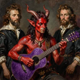 a tiefling bard with red skin and horns, wearing purple playing guitar. edgar maxence and caravaggio and michael whelan and delacroix style, artistic, intricate painting, cinematic lighting, hyper realistic, extremely detailed, vivid colors, establishing shot, dramatic lighting