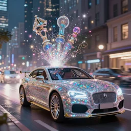 vaporwave driving through city, sparkles, glitter,, shine, glimmer, by jeremy mann and scott uminga, led light, highly detailed and intricate, hdr, hyper detailed, insane details, intricate, elite, ornate, elegant, luxury, psychedelic, sharp focus, unreal engine, trending on artstation, octane, trending on deviantart