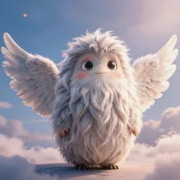 a cute little angel monster with long fur, portrait, pixar style, heaven background, cinematic lighting, award winning creature portrait photography