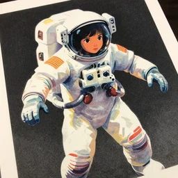 ( ( strong dither ) ), editorial illustration of a young astronaut girl, colorful modern, senor salme, strong texture, dynamic composition, detailed, dramatic lighting, matte print, dynamic perspective, muted color, lomography, muted colors, risograph
