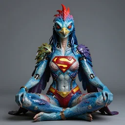 a portrait photograph of a meditating fierce sadie sink as a colorful harpy bird super hero with blue wet amphibian skin. she has animal skin grafts and cyborg body modifications and implants. by donato giancola, hans holbein, walton ford, gaston bussiere, peter mohrbacher and brian froud. 8 k, cgsociety, fashion editorial