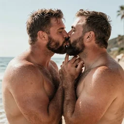 burly hairy strongmen kissing, dad energy, wholesome, summer vibes, photography