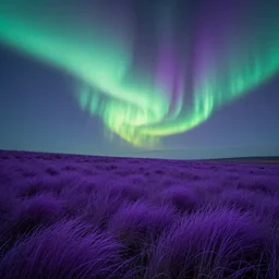 An atmospheric scene of lush, purple, grass and beautiful skies with aurora boreals , hyper realistic, pintrest, deviant art, 8k, matte painting, high detail,