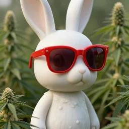 rabbit groot as marble statue, big red sunglasses, in marijuanas gardens, soft surface texture, very realistic 3 d render, soft sun lights, 4 k, high detailed photography result, 5 0 mm lens, rich deep colors, smooth gradients, depth of field, cinematic, hyper realism, high detail, octane render, unreal engine, 8 k, vibrant red colors