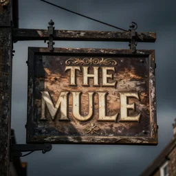 An old English tavern sign with the words THE MULE, rustic, hyperdetailed, moody, wood