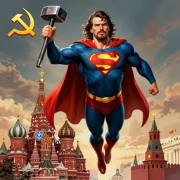 epic comic book cover of stalin as superman floating over the red square ( moscow ), hammer and sickle, cccp, ussr, socialist realism, soviet nostalgia, sovietwave aesthetic, photorealistic, intricate digital art, trending artstation, artgem, rich moody colors, fan art, concept art, in the style of the red son