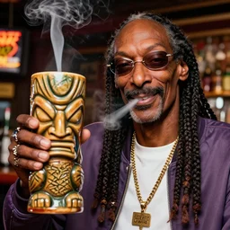 a closeup photorealistic photograph of happy stoned smoking snoop dogg at trader vic's bar holding up a trader vic's style tiki mug featuring snoop dogg's face. tiki culture. brightly lit scene. this 4 k hd image is trending on artstation, featured on behance, well - rendered, extra crisp, features intricate detail, epic composition and the style of unreal engine.