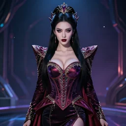 Amouranth as an evil sexy princess wearing luxurious suit by Vincent Di Fate, rule of thirds, seductive look, beautiful, in intergalactic hq
