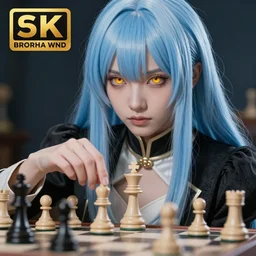 rimuru tempest elegantly playing chess, with amber eyes of golden colored eyes, straight hair, sky blue hair, long bangs, high collar, concept art, award winning photography, digital painting, cinematic, wlop, 8 k, by ross tran, tom bagshaw, andy warhol