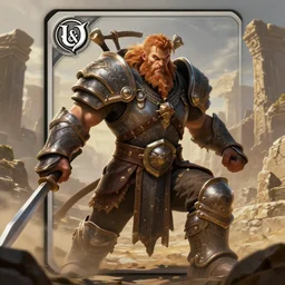 formidable male, bearded gigachad in armour, d & d barbarian, fierce warrior, hoarah loux, powerful male character from warcraft, character portrait, trading card game art, perfectly shaded, extremely detailed, matte painting, artstation, volumetric lighting, 4 k, dynamic scene, fighting, sharp focus, deserted landscape, ancient stone ruins, art by frank frazetta and artger