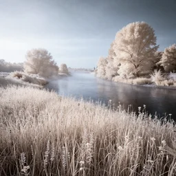 early morning fog on a river by justin minns, infrared landscape photography, wildflower meadows, beautiful morning light