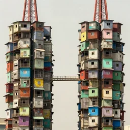 close - up view of two symmetrical suspended towers made up of colourful makeshift squatter shacks, faded colours, plain uniform sky, dystopia, mamiya, very detailed, photographed by cristina de middel