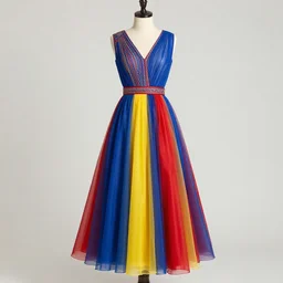 A beautiful dress colored red, and blue, and yellow