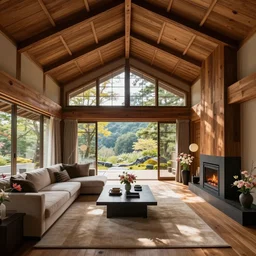 modern Japanese living room, arched ceiling, luxurious wooden cottage, traditional, Japanese flower arrangements, high-tech devices, traditional  fireplace, real estate photography