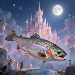 stunning fantasy scene of a trout | highly detailed | very intricate | disney | otoh gunga city | otoh gunga city | dramatic romantic epic breathtaking whimsical magical | bokeh moon stars | professional cinematic lighting | award - winning | painted by marc simonetti and anton fadeev and paul lehr and rhads and alena aenami | pastel color palette | featured on artstation