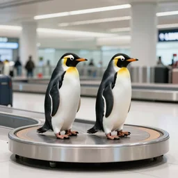 two penguins in airport baggage claim area, riding on baggage claim carousel, ektachrome,