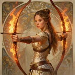 Jennifer Lawrence as a beautiful fire archer, cute, fantasy, intricate, elegant, highly detailed, digital painting, 4k, HDR, concept art, smooth, sharp focus, illustration, art by artgerm and H R Giger and alphonse mucha