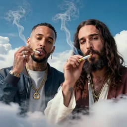 a ultra detail picture portrait of Mac Miller and Jesus smoking a joint in heaven, 8k, photorealistic