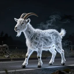 goat man made of wisps of vapor walking across the road at night