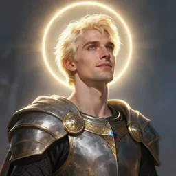 Portrait of an Aasimar man wearing a paladin garb with short platinum blonde hair a kind face a halo of light and a distantly hopeful expression, cinematic lighting, detailed, beautiful, illustration by Greg Rutkowski, Andrei Riabovitchev Jean Giraud Tom Anders Zorn, Edward Hopper and Ilya Kushinov, Frederick Bacon, Tom Anders Zorn, John Collier, Vladimir Abat-Cherkasov