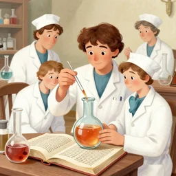scientists working on youth elixir, medieval book illustration