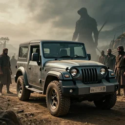 Mahindra thar, tribe members watching nearby, an epic fantasy, dramatic lighting, cinematic, establishing shot, extremely high detail, photorealistic, shot on red camera, cinematic lighting, artstation, by simon stalenhag, shadow of the tomb rider