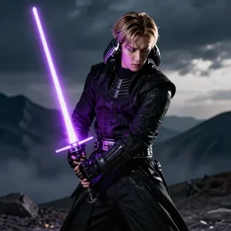 photorealistic Taehyung as Kylo Ren but with a purple lightsaber